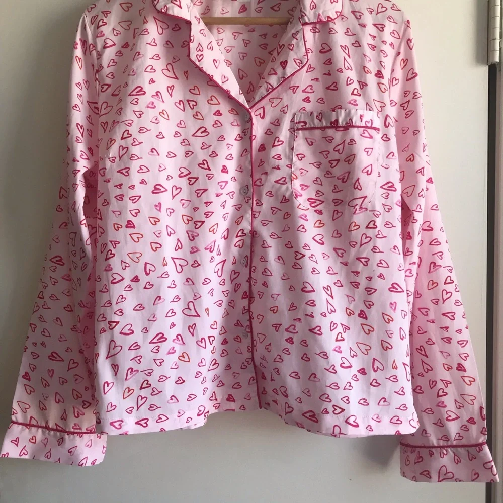 Joie Heart Love Pajama Set Long Sleeve Button Down Top & Pants w/ Pockets size L